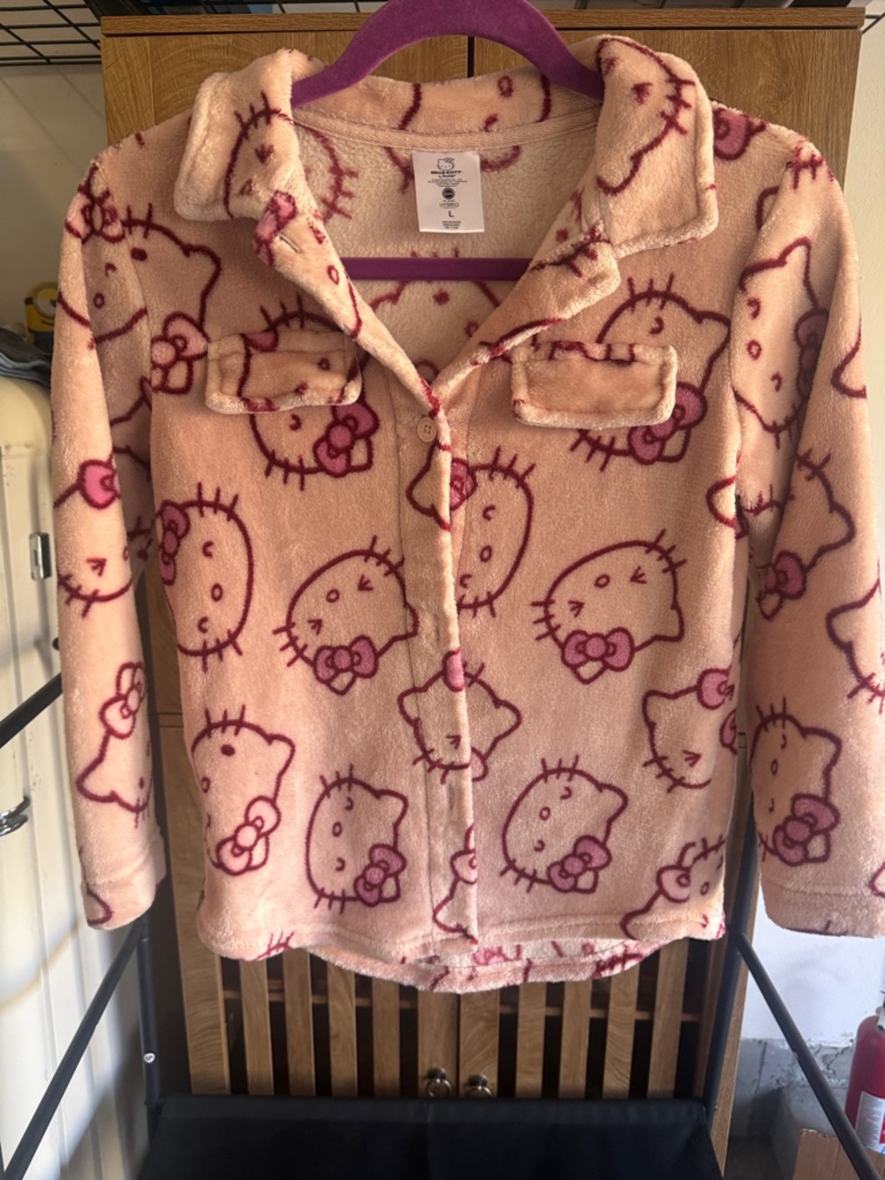 Sanrio Hello Kitty Plush Button-Front Pajama Top in Light Pink and Dark Pink